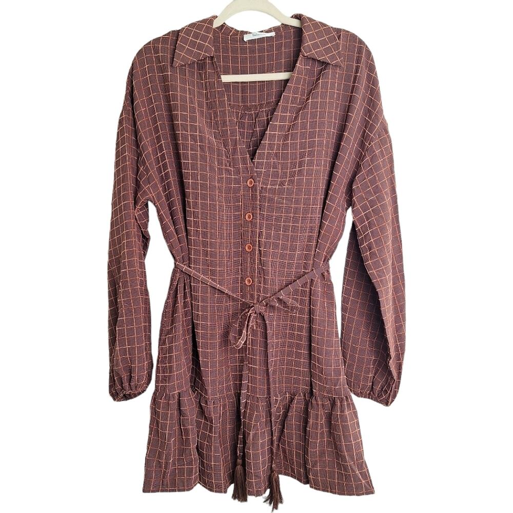Lalavon Brown & Caramel Check Pattern Mini Dress Peasant Sleeves L